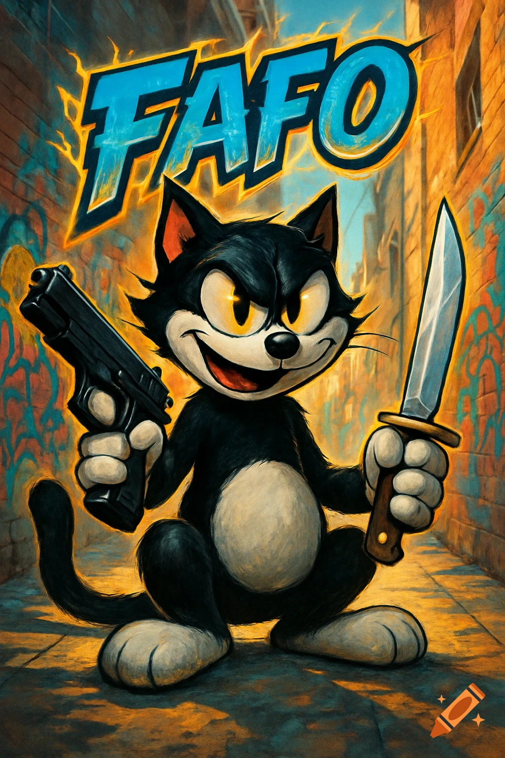 A cartoon black and white cat, similar to Felix, holds a pistol and a knife in a graffiti-filled alley, with 'FAFO' text above.