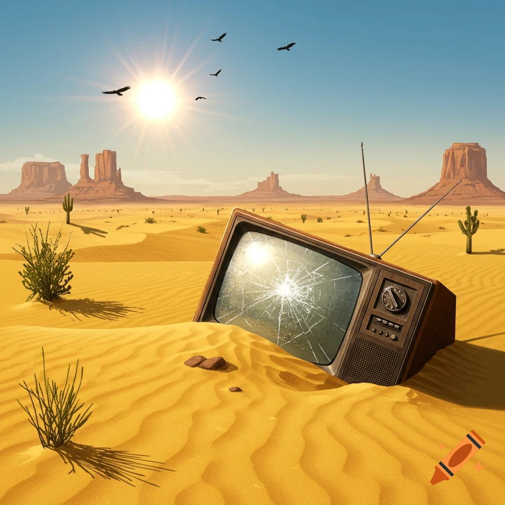 An old, broken TV with a cracked screen is half-buried in a desert with sand dunes, mesas, cacti, and birds flying under a bright sun. Illustration.