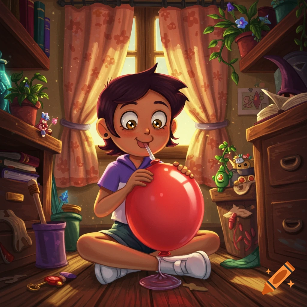 Animated character Luz Noceda sits on a wooden floor, blowing up a red balloon in a sunlit room.