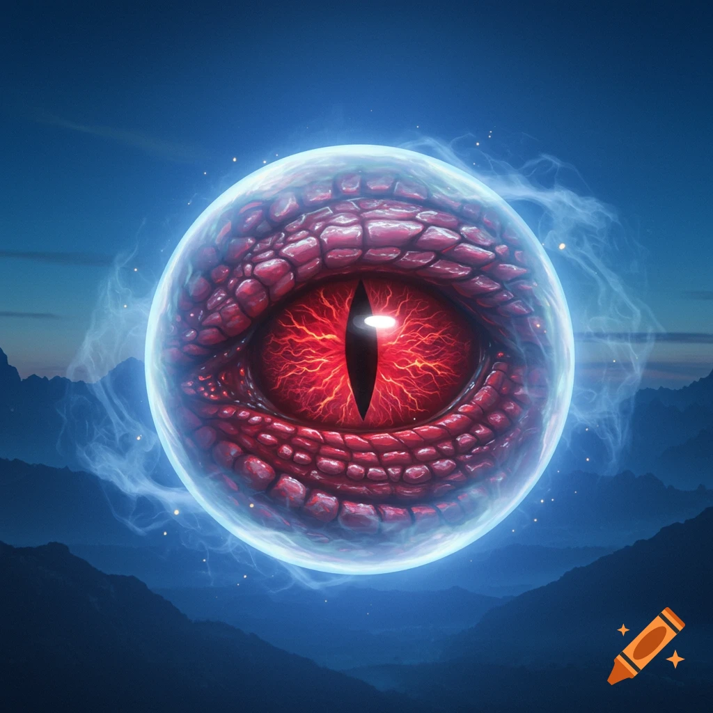 A glowing red dragon eye with a vertical pupil, enclosed within a clear, ethereal orb, floats above a dark, mountainous landscape under a twilight sky.