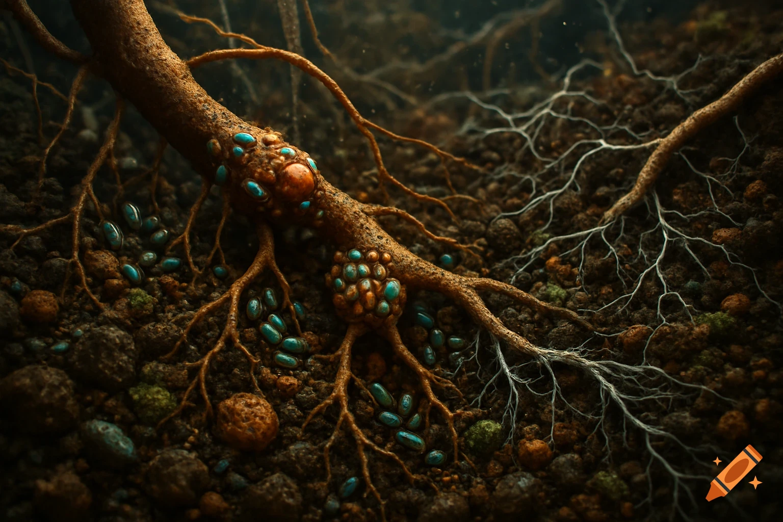 High-resolution close-up of a vibrant soil microbiome with roots, organic particles, and teal and orange microorganisms.