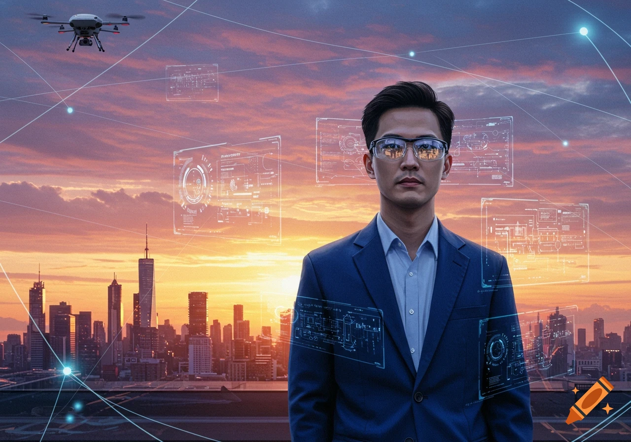 A man in glasses and a suit stands against a futuristic cityscape at sunset, with holographic displays and a drone.