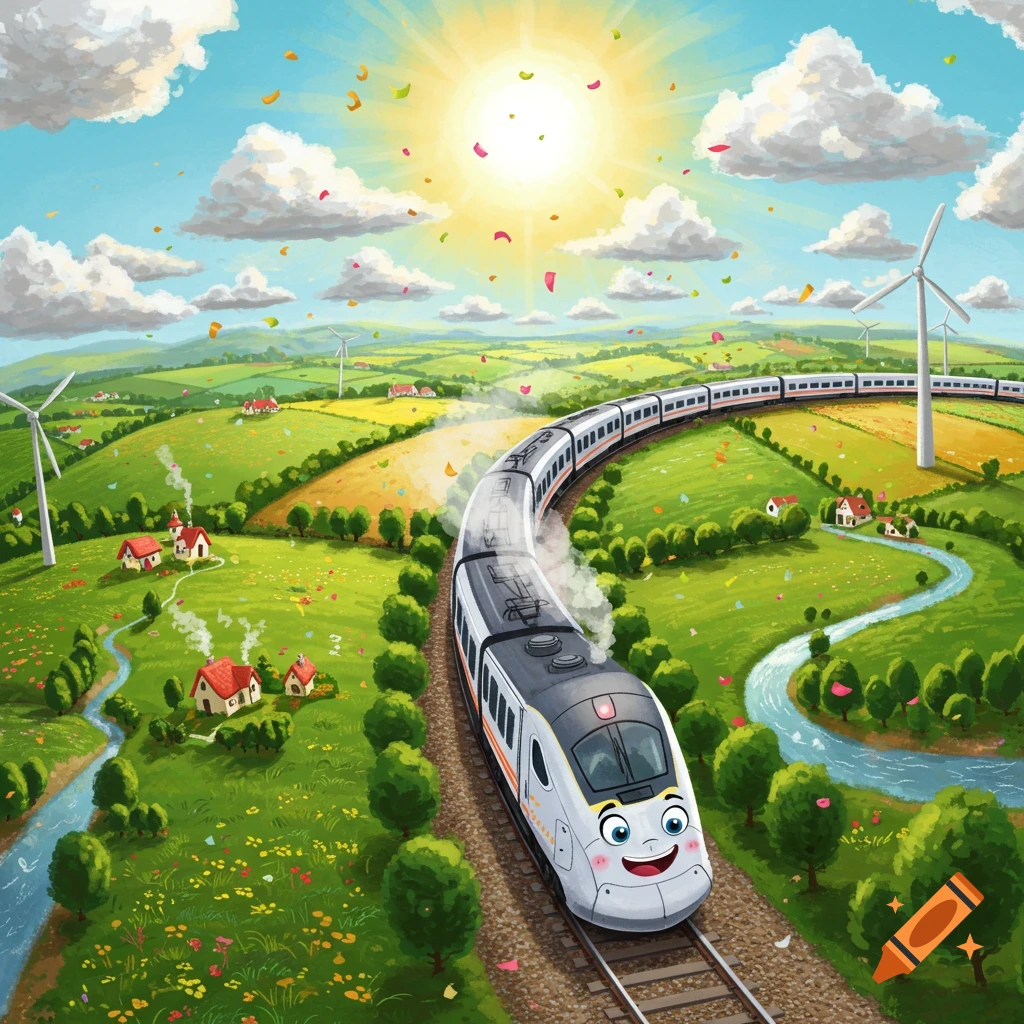 A happy cartoon train travels through a vibrant, confetti-filled, green countryside with hills, rivers, houses, and wind turbines under a bright sun.