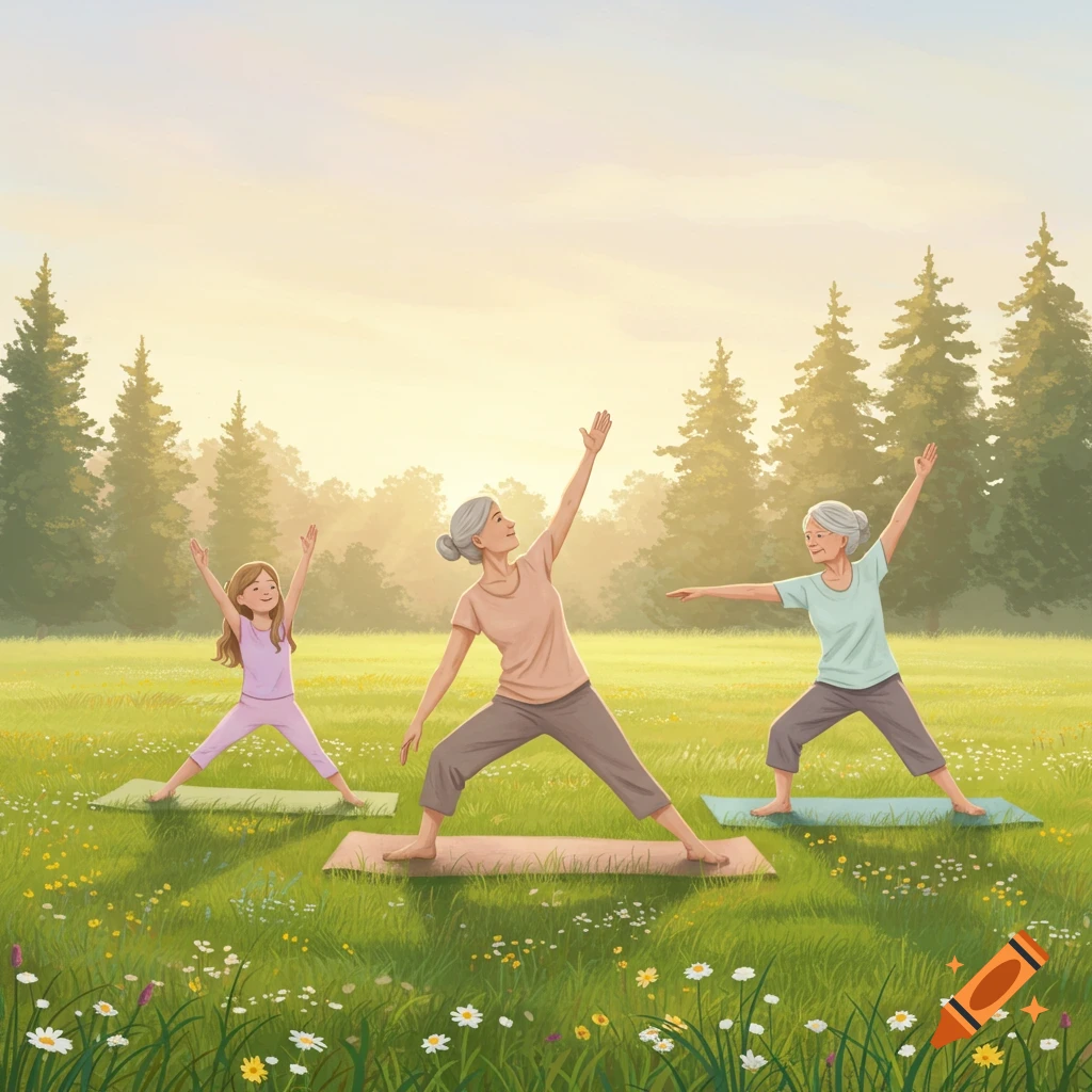 Illustrated scene of a young girl and two older women doing yoga in a sunny meadow with trees.
