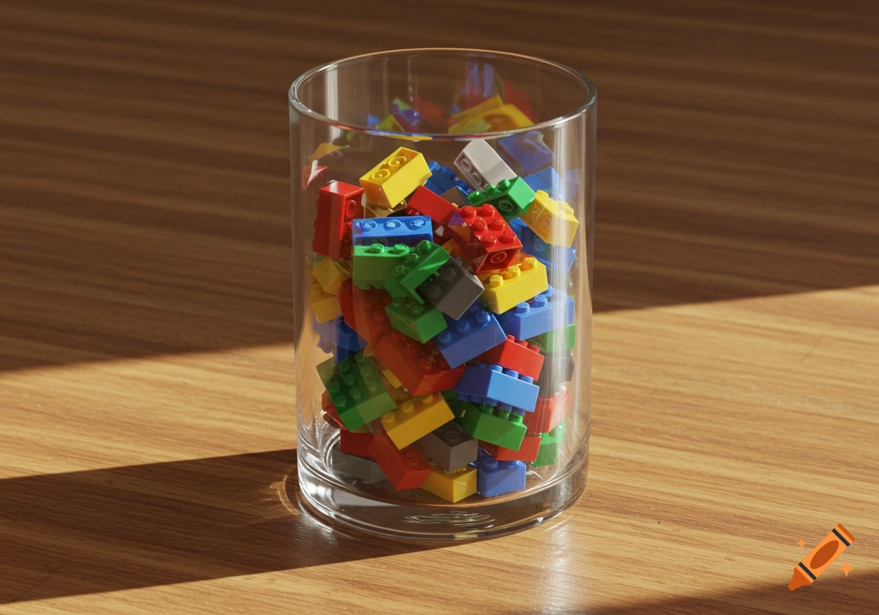 A clear cylindrical glass filled with colorful Lego bricks sits on a wooden table, illuminated by sunlight.