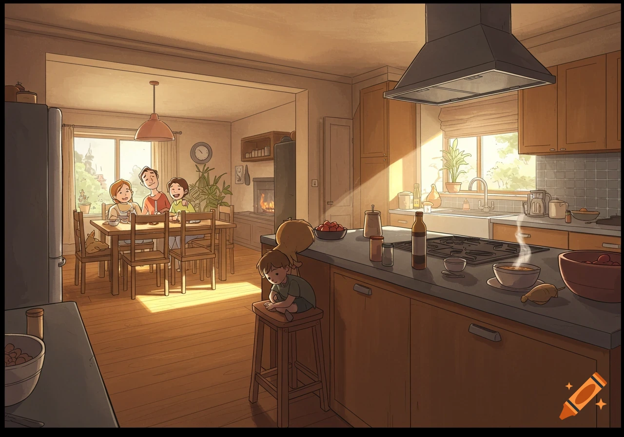 Comic illustration of a family eating at a dining table, with a child sitting on a stool in a sunlit kitchen.