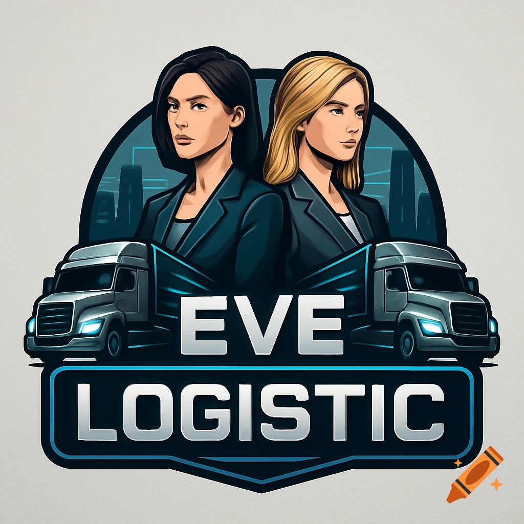 A stylized logo featuring two women, one brunette and one blonde, above two semi-trucks, with the text 'EVE LOGISTIC' in bold letters.