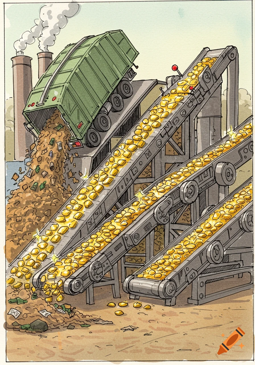 A cartoon garbage truck dumps trash onto conveyor belts that transform the trash into shining gold nuggets, set against a factory backdrop.