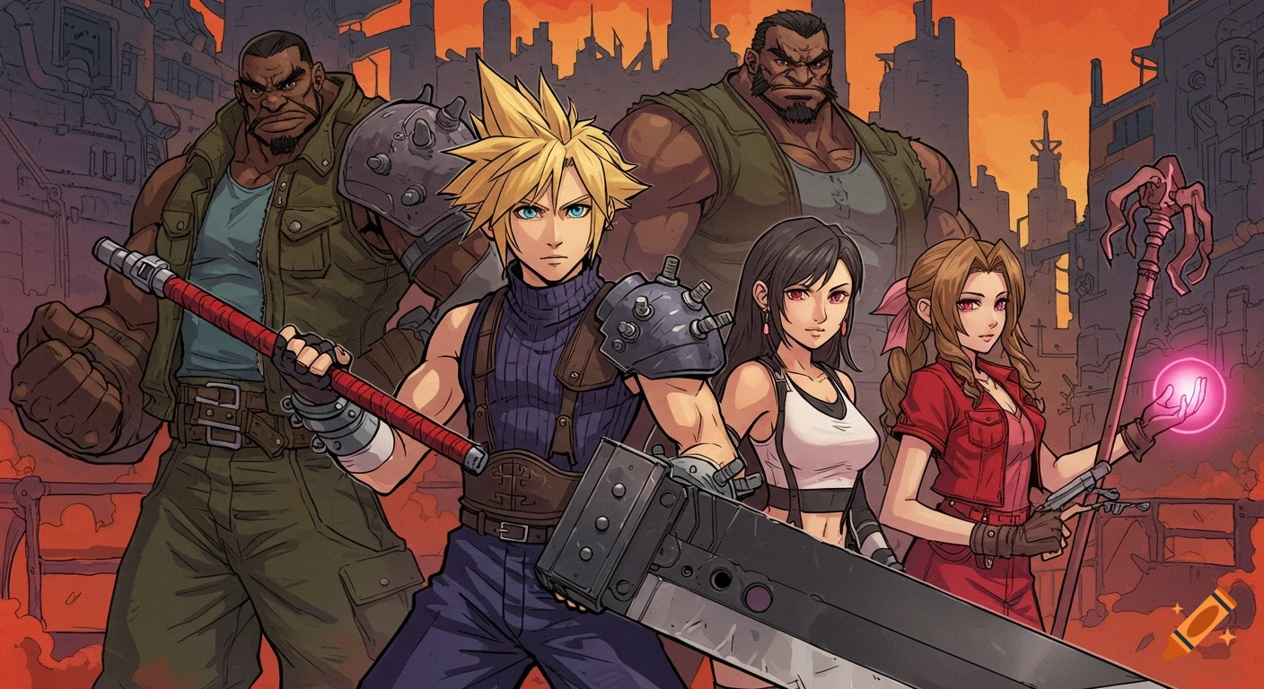 Final Fantasy 7 characters Cloud, Barret, Tifa, and Aerith standing against an orange city background in an anime style.