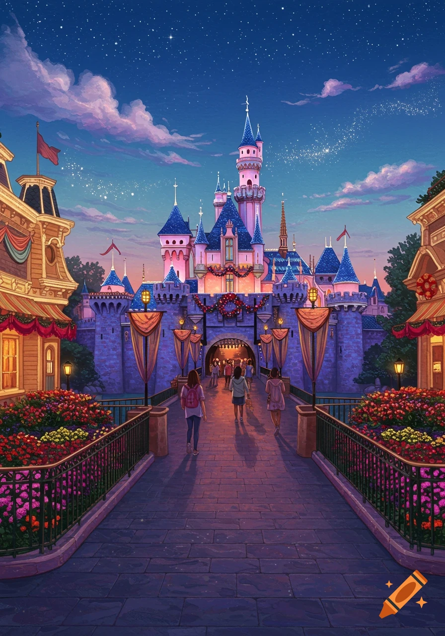 Vibrant illustration of a majestic fairytale castle at dusk, with people walking on a bridge adorned with flowers under a starry, twilight sky.
