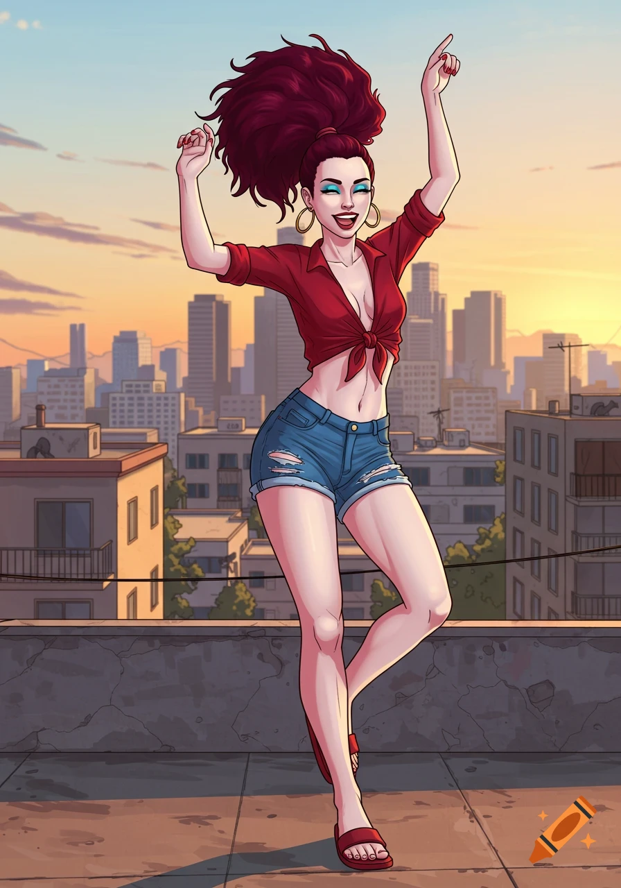 A happy woman with maroon hair in a red crop top and jean shorts dances on a city rooftop at sunset in digital art style.
