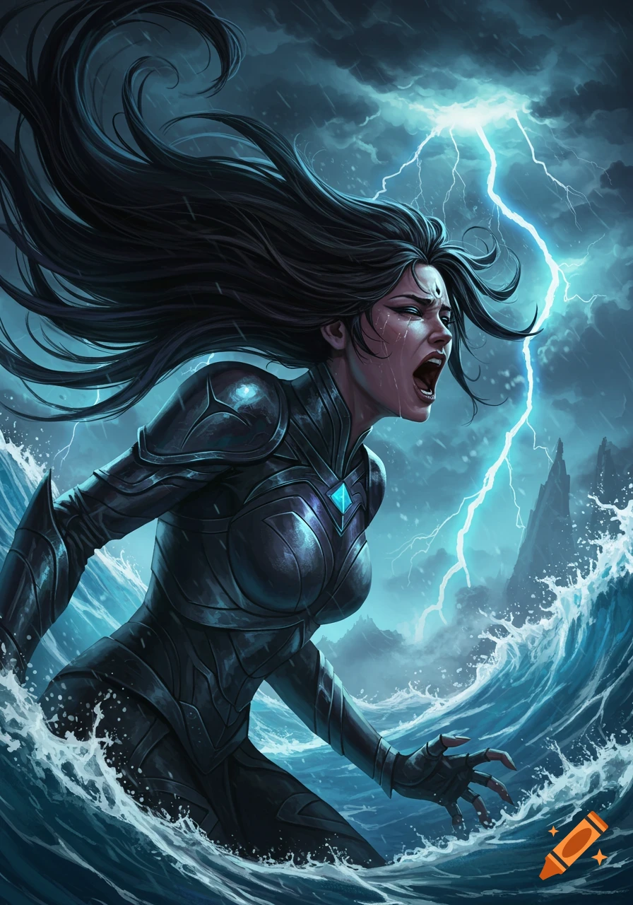 A woman in dark armor with long hair screams in a stormy sea with lightning, digital art.