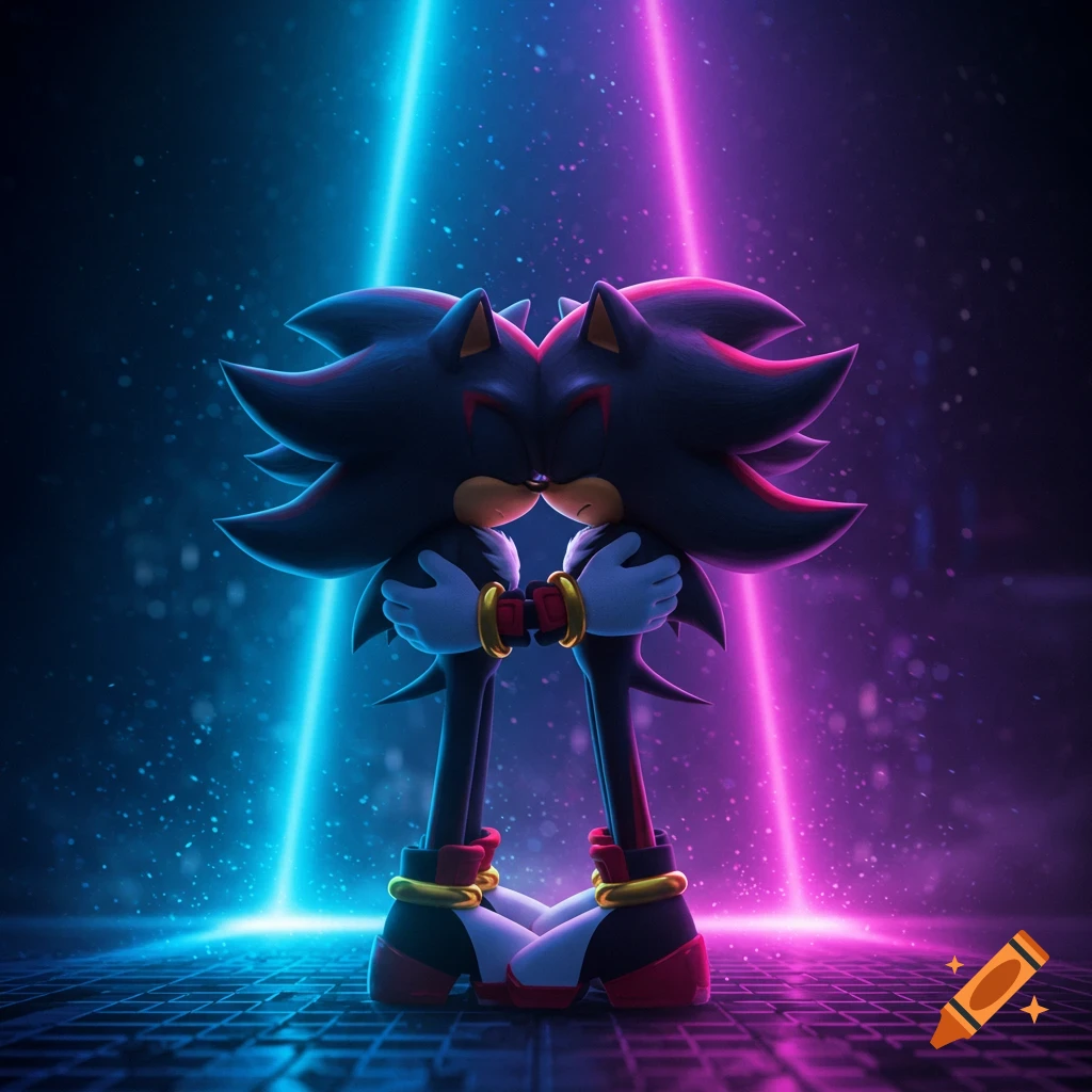 Two Shadow the Hedgehog characters embrace in a dark, neon-lit environment with blue and pink lights.