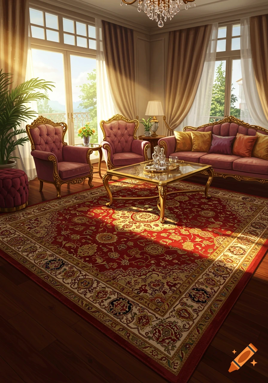 A luxurious living room features a patterned red rug, ornate pink and gold furniture, a crystal chandelier, and sunny windows.