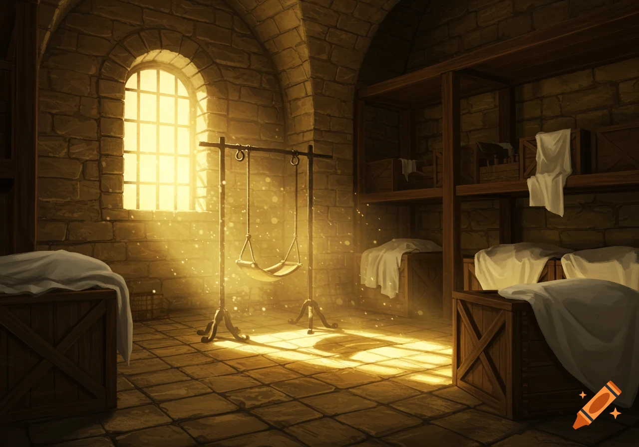 A warm, sunlit medieval stone storage room with an arched window, a hanging swing, wooden crates, and dust motes.