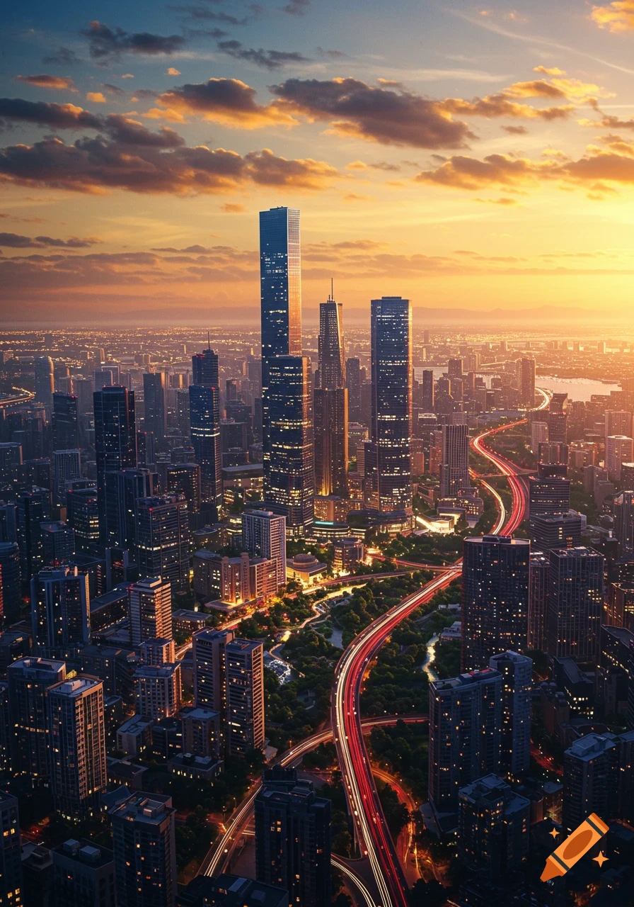 Aerial view of a sprawling city with illuminated skyscrapers, roads, and light trails under a vibrant sunset sky.