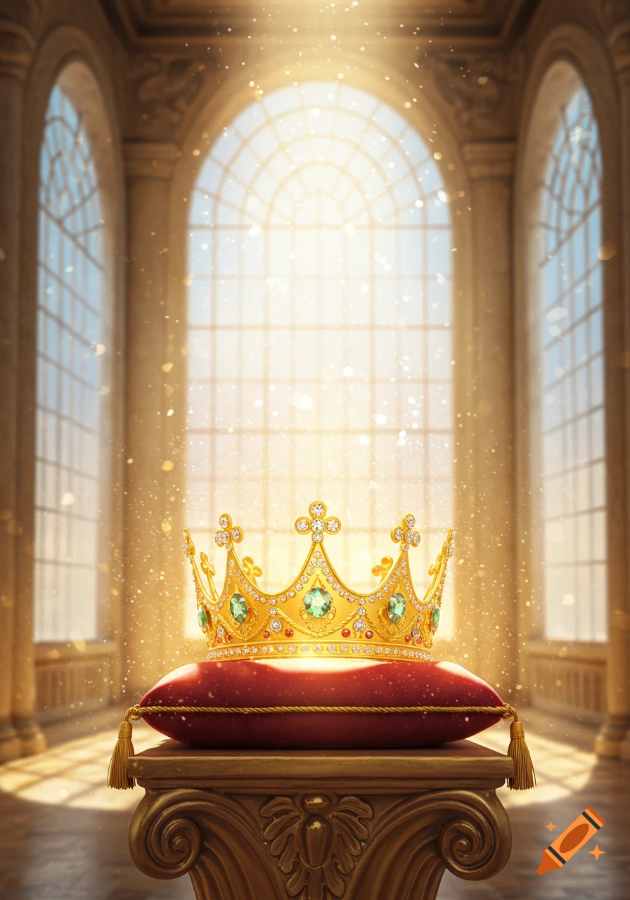A glittering golden crown adorned with emeralds and diamonds rests on a red velvet cushion on a pedestal in a sunlit grand hall.