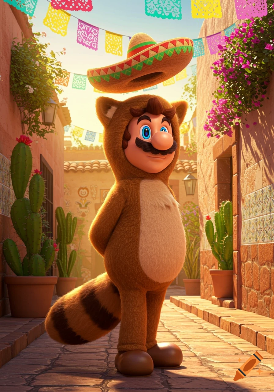 Tanooki Mario in a brown raccoon costume stands on a sunlit Mexican street with cacti, colorful papel picado banners, and a sombrero floating above his head.