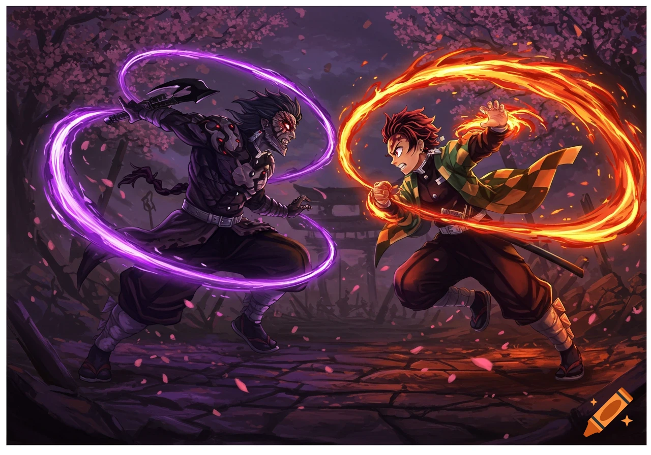 Tanjiro battles Giyutaro with fire and purple energy in a night forest with cherry blossoms.