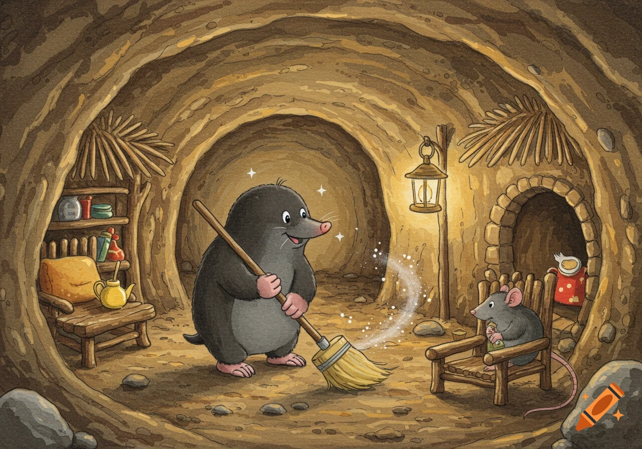 A cute watercolor illustration of a mole sweeping its cozy underground home, while a rat sits on a wooden chair.