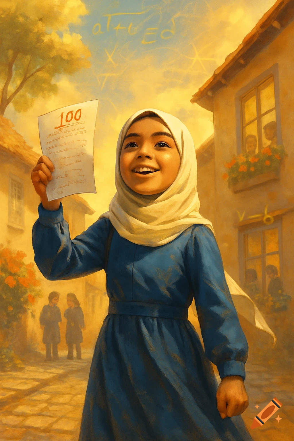 A smiling young girl in a blue dress and white hijab holds up a paper with '100' written on it, set against a sunny, painterly village street with mathematical equations in the sky.
