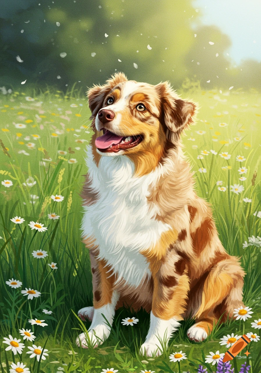 An adorable Australian Shepherd dog sitting in a field of daisies, looking up with a happy expression, in an illustrative style.