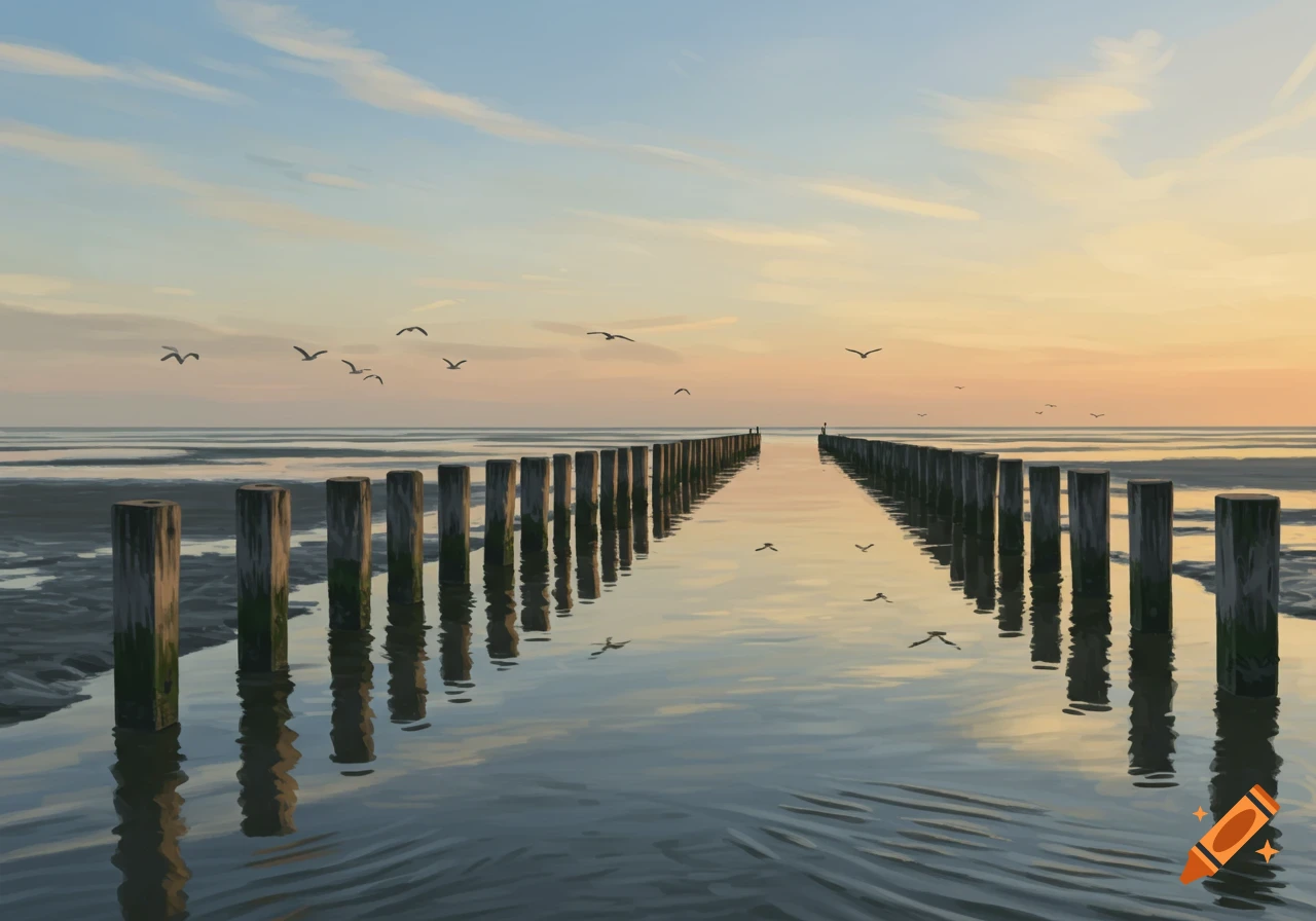 Wooden posts recede into the distance across a tidal flat with calm water reflecting a soft orange and blue sunset sky, with birds flying.