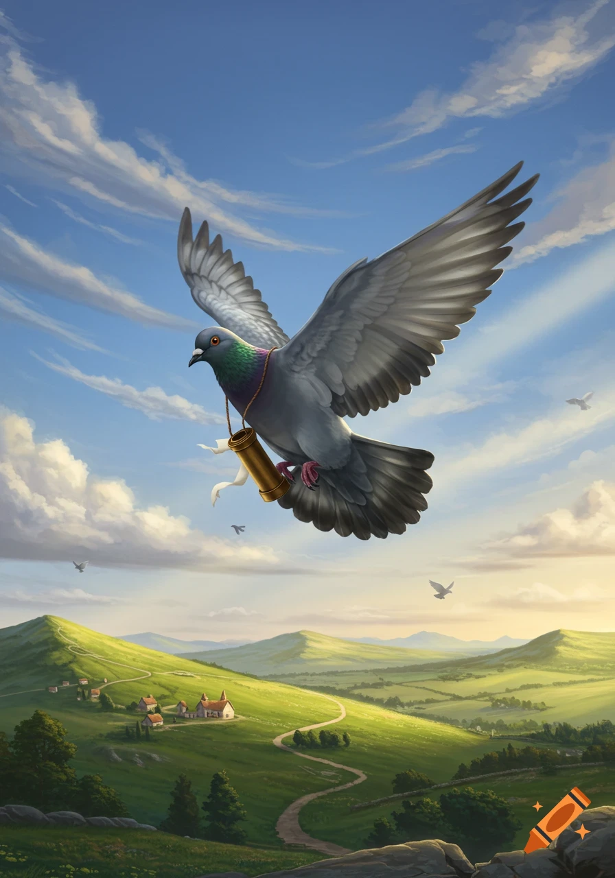 A grey homing pigeon carries a message capsule as it flies high above a verdant, rolling landscape with small villages under a blue sky, painted digitally.
