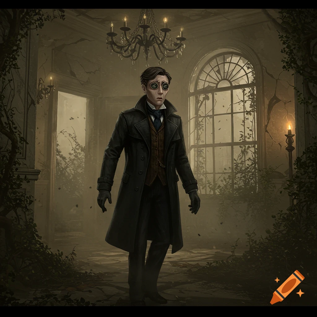 A stylized man with large, goggle-like eyes in a black trench coat stands in a crumbling, overgrown gothic mansion room.
