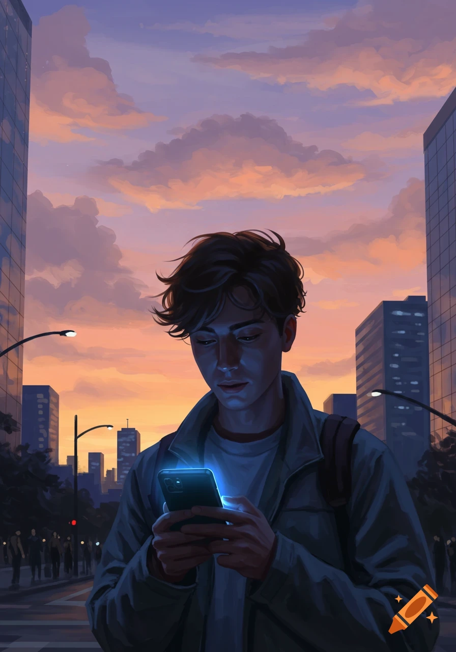 Young man checking glowing phone on a city street at sunset, digital painting.