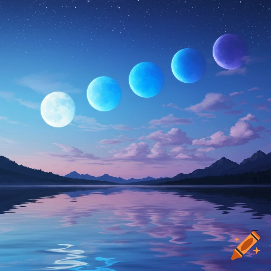 A serene lake reflects a colorful sky with five moons transitioning from white to blue to purple above a mountain range.