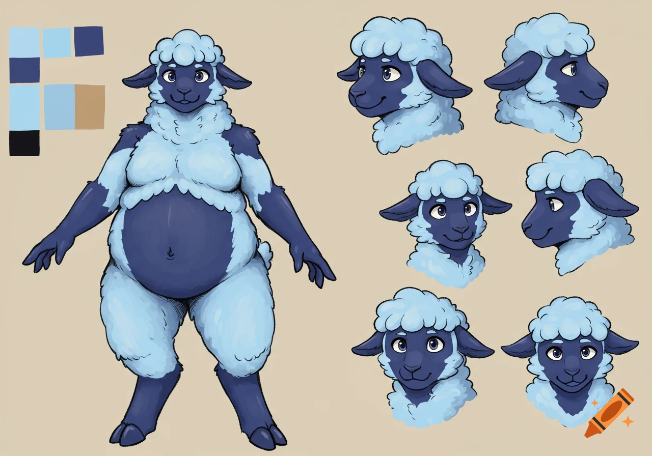 A character reference sheet for a light blue anthropomorphic sheep with dark blue skin and a chubby belly, showing a full body and multiple head views.