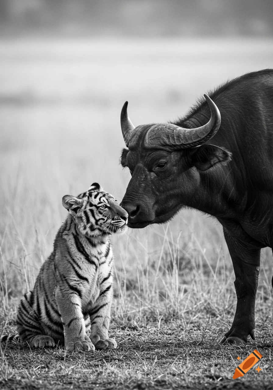 Black and white photo of a tiger cub nuzzling a water buffalo in a grassy field.
