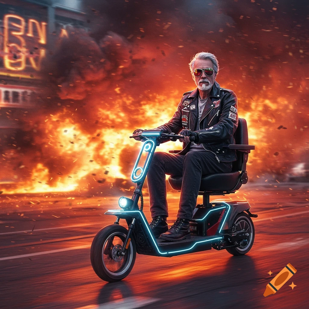 A tough older man with sunglasses and a leather jacket rides a futuristic neon-lit mobility scooter through a city street engulfed in explosions.