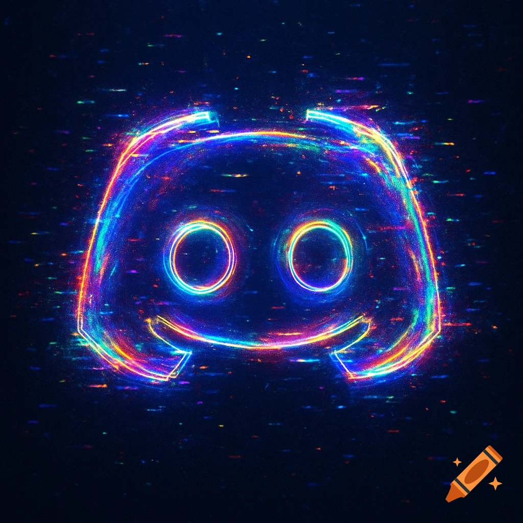 Neon, glitchy Discord logo with rainbow colors on a dark background.