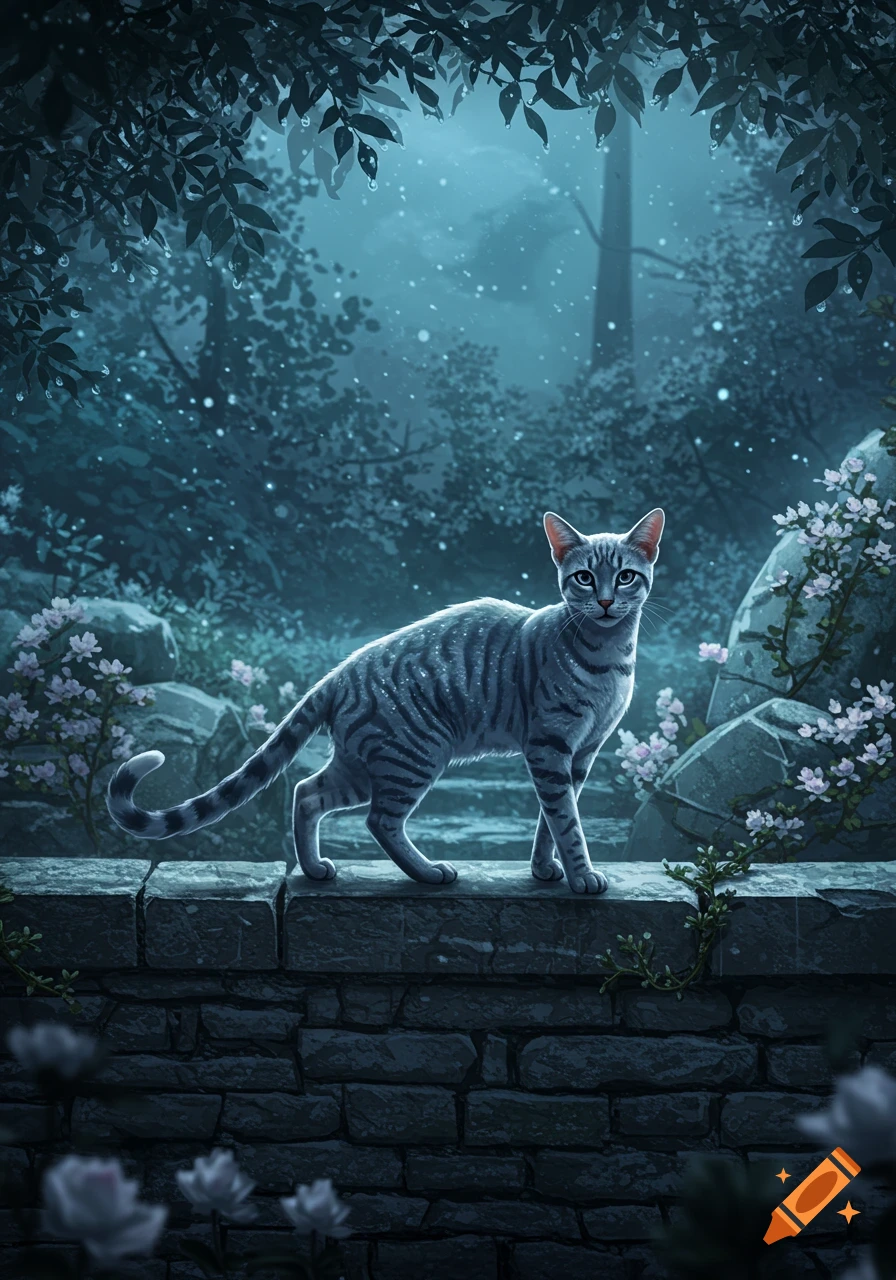A striped cat stands on a stone wall in a moonlit, enchanted forest with sparkling dust and pink flowers.