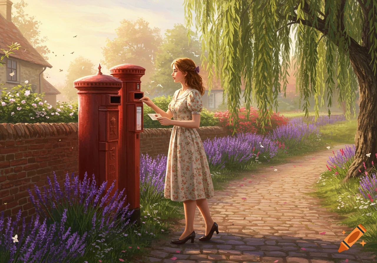 A woman in a floral dress mails a letter into a red British post box in a picturesque village scene with lavender, rendered in a painterly style.