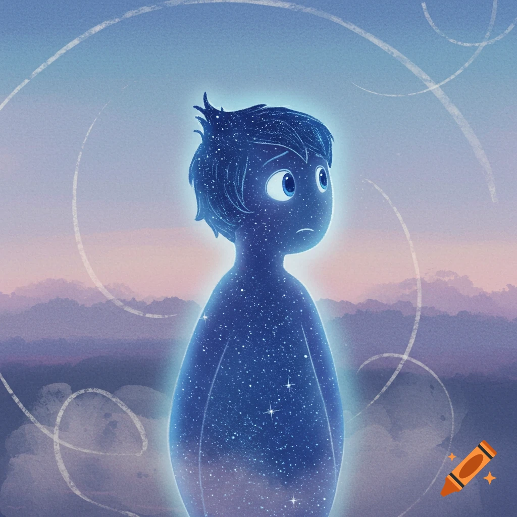 A sad, glowing blue cartoon character with a starry texture stands against a soft purple and blue sky with distant mountains.