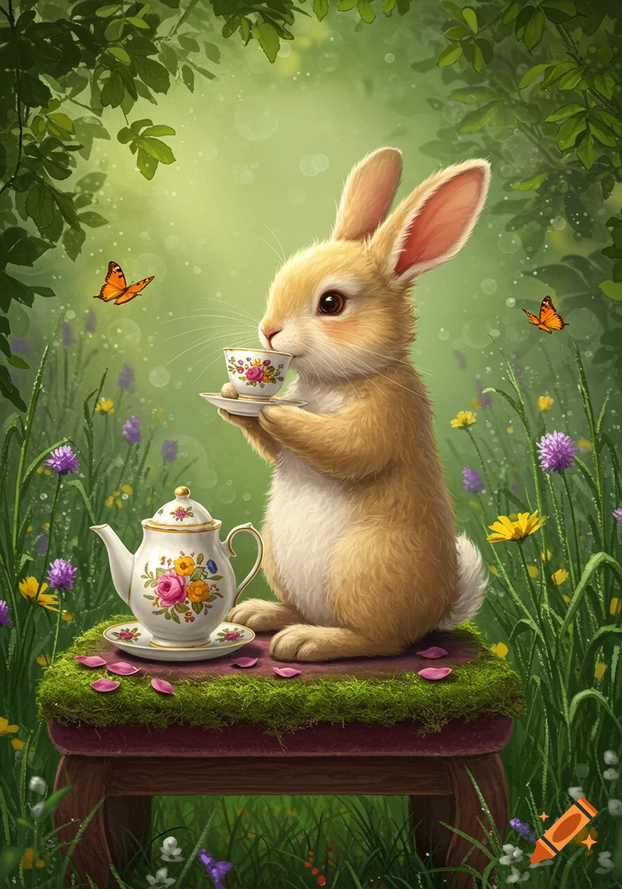 A fluffy rabbit sips tea from a floral teacup on a mossy stool in a lush, whimsical garden with butterflies and flowers.