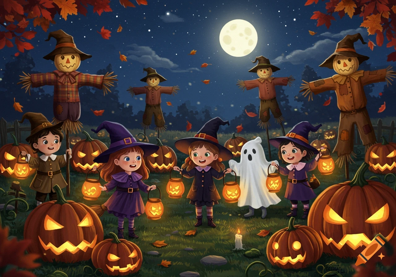 Cartoon illustration of children in Halloween costumes with jack-o'-lanterns and scarecrows under a full moon.
