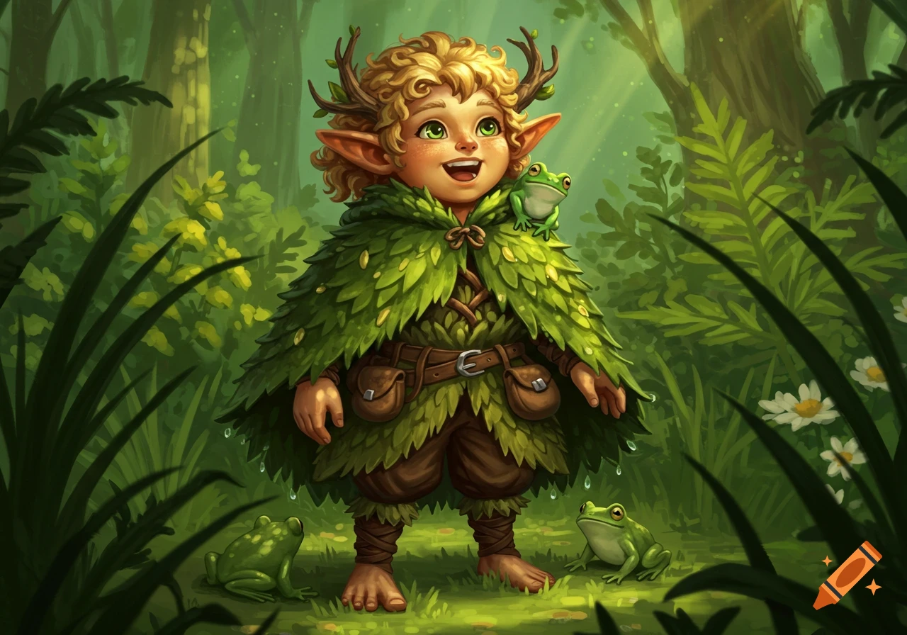 A cheerful, curly-haired halfling druid with antlers and elf ears wears a leaf cape, standing barefoot in a vibrant forest with frogs.