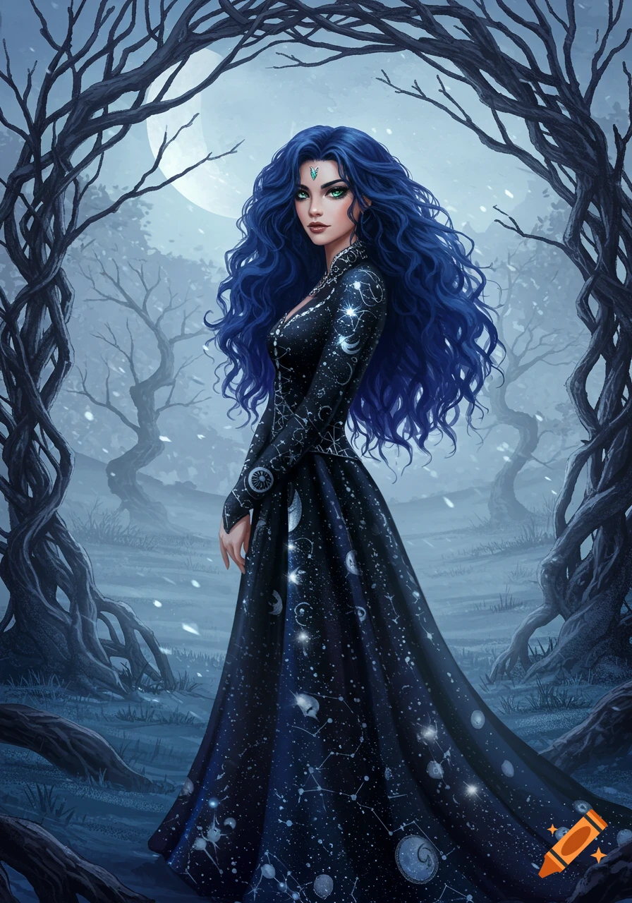 A fantasy woman with long blue hair and green eyes in a black celestial dress stands in a misty forest under a full moon. Digital painting.