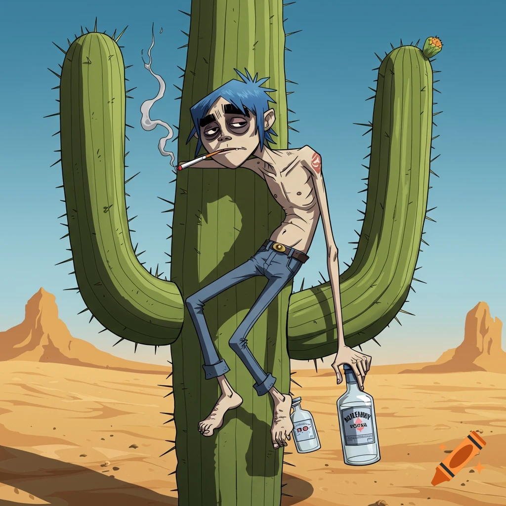 2D from Gorillaz leaning on a saguaro cactus, smoking a cigarette and holding vodka bottles in a desert landscape, in a cartoon style.