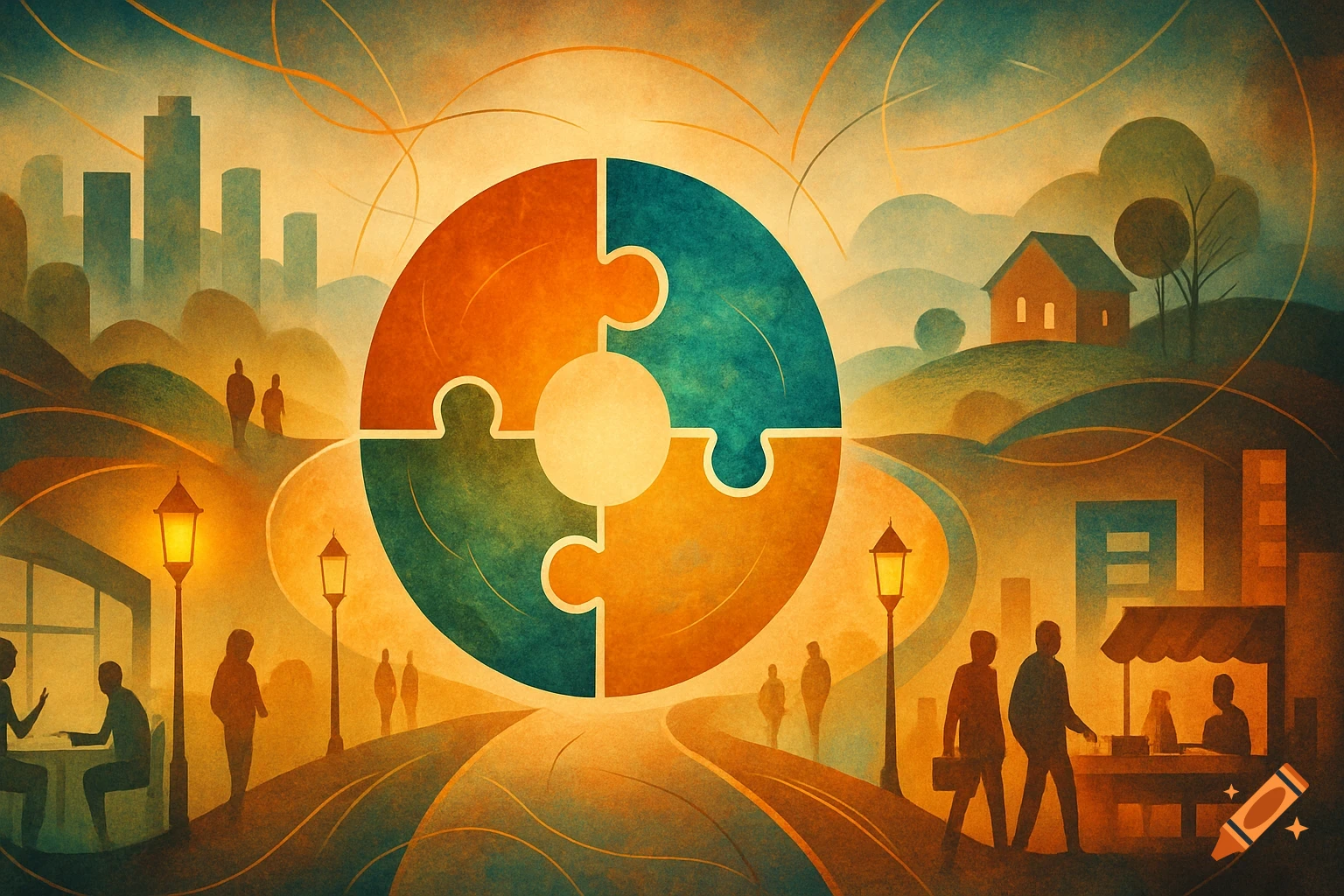 Stylized illustration of a vibrant cityscape and rural landscape with people and a large central four-piece puzzle.