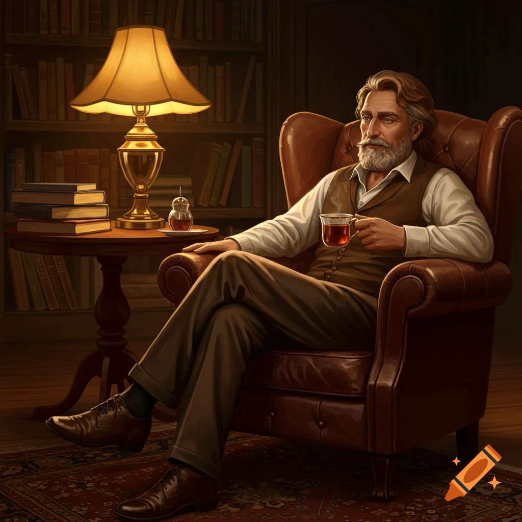 An older man with a beard sits in a leather armchair, holding a teacup, in a dimly lit library with a lamp and bookshelves.