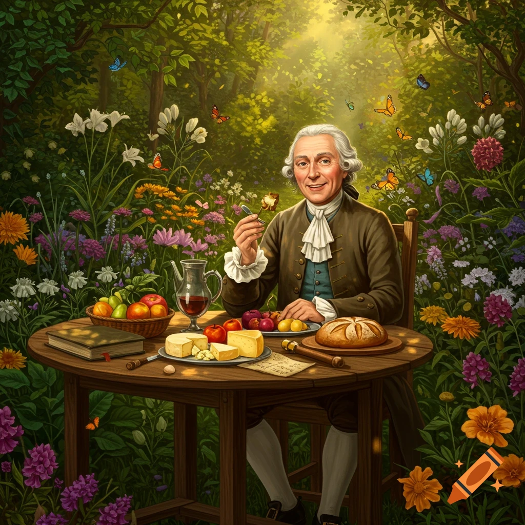 Carl von Linn é dines outdoors at a wooden table filled with food and wine, surrounded by a vibrant garden with colorful flowers and butterflies.