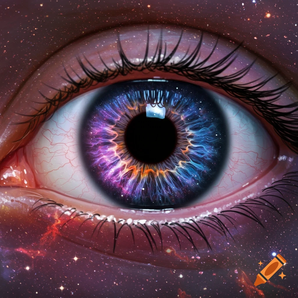 A close-up digital art image of an eye with a cosmic galaxy iris and starry skin, featuring vibrant purples and blues.