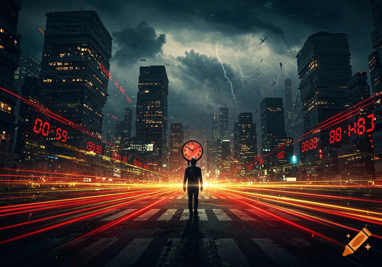 A lone figure holds a large clock in the center of a futuristic, dark city under a stormy, lightning-filled sky, with red light trails on the street and digital numbers on buildings.