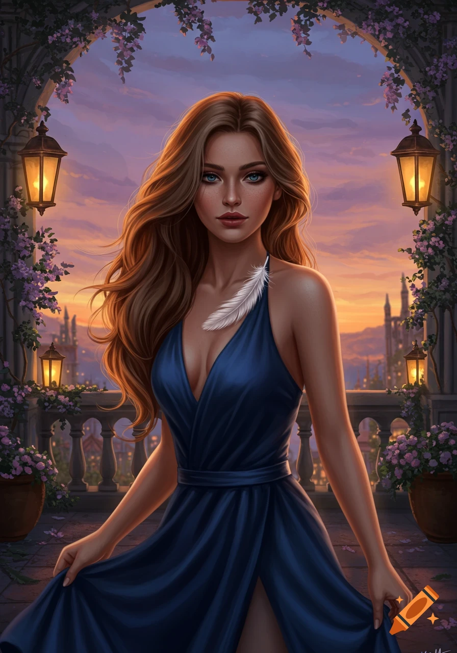 Digital painting of an elegant woman in a flowing blue dress with a feather in her hair, standing on a balcony at sunset overlooking a city.