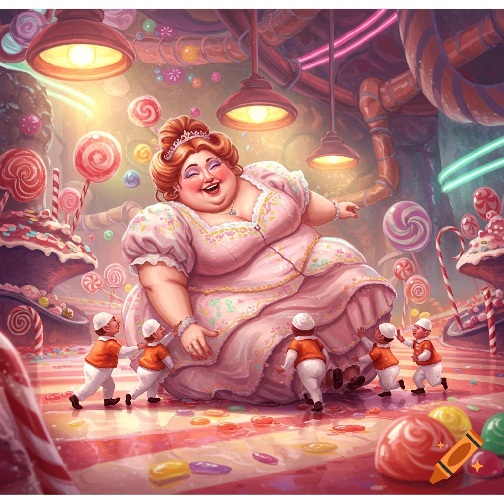 A cartoon illustration of a joyful, very large woman in a pink dress, surrounded by colorful candies, with small figures pushing her in a vibrant candy factory.